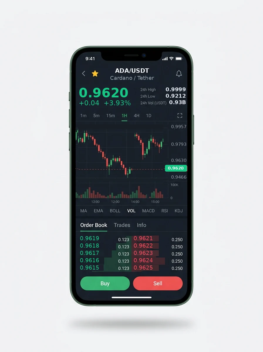 Oryx Arabia — BTC/USDT live candlestick chart, order book and one-tap Buy/Sell on mobile